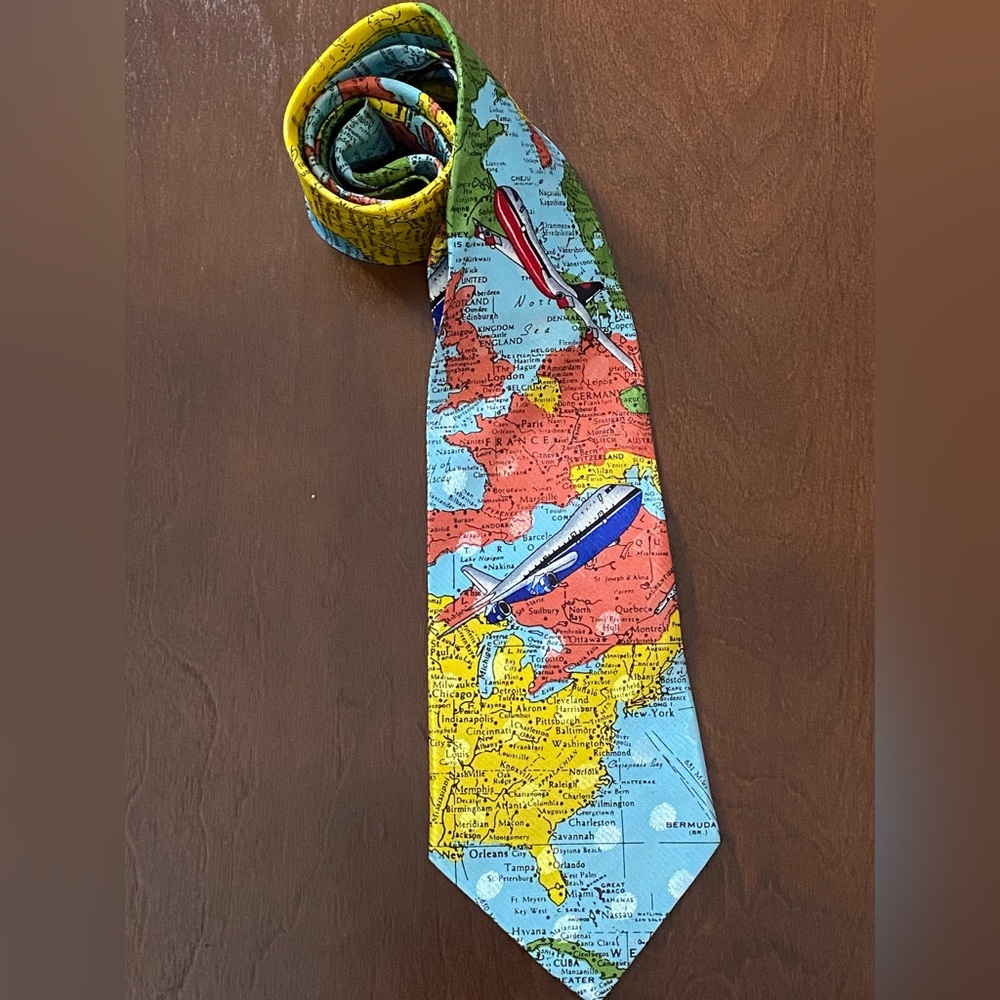 Everyday Men’s Polyester Travel Map Airplane Pilot Light Blue Necktie